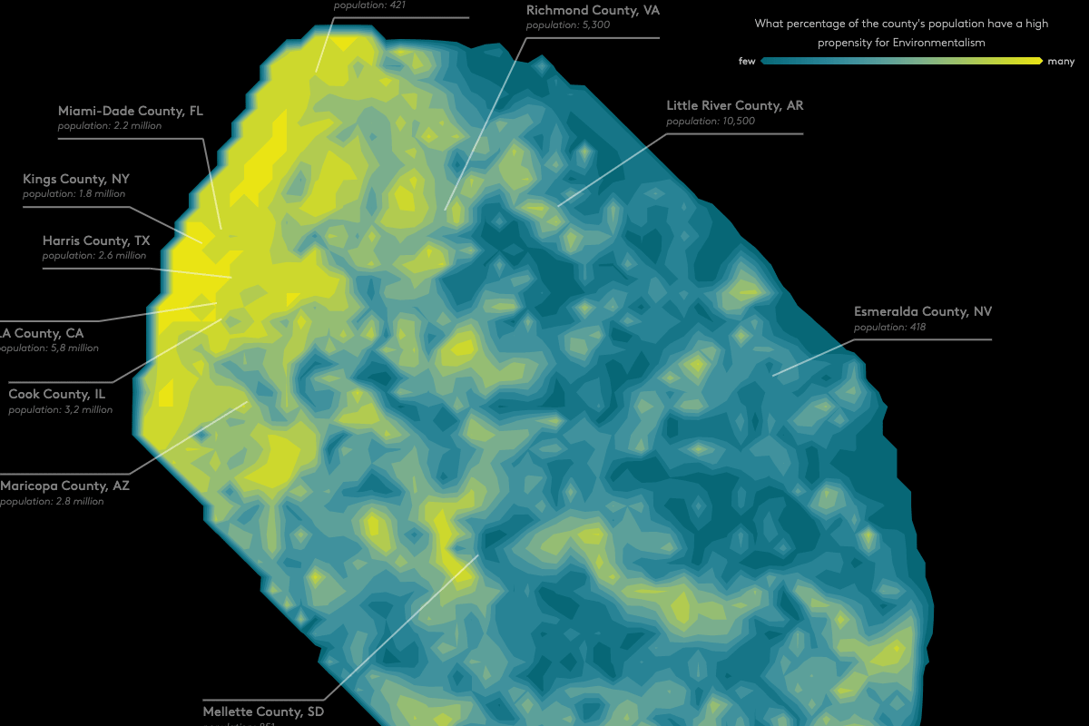 A frame from the animation where the 'Environmentalism' dimension has been turned into a heatmap