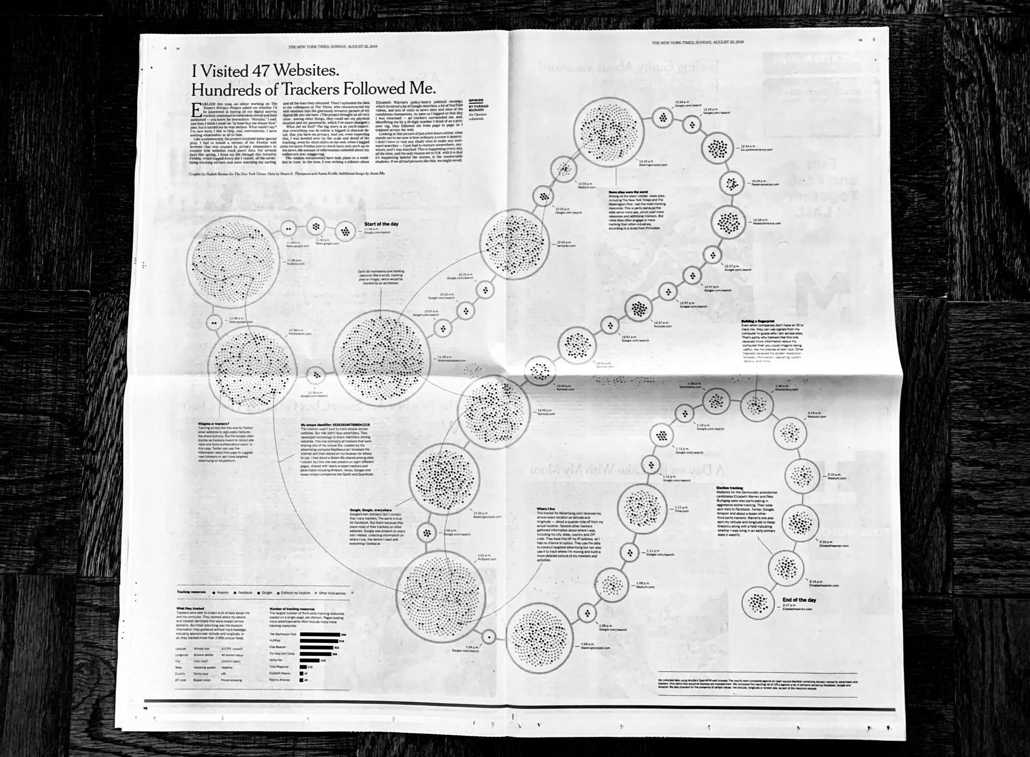 A black and white photo of the data visualization as it appeared in the full page spread of the New York Times Sunday edition of August 25th, 2019