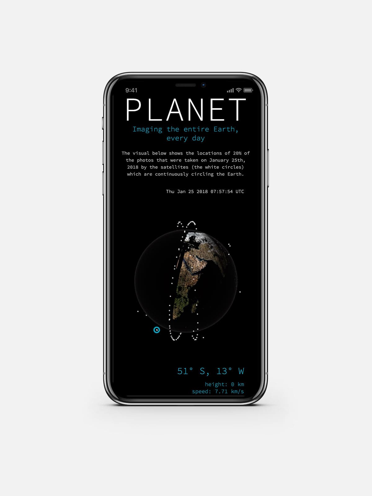 The mobile screen version of Planet's globe visual