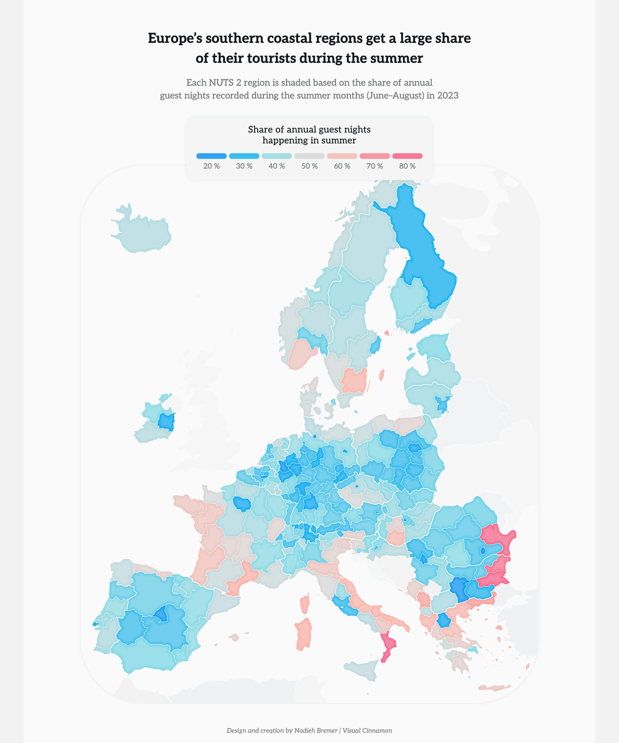 A map of Europe's NUTS 2 regions, where each region is colored according to the share of annual guest nights that happen in summer