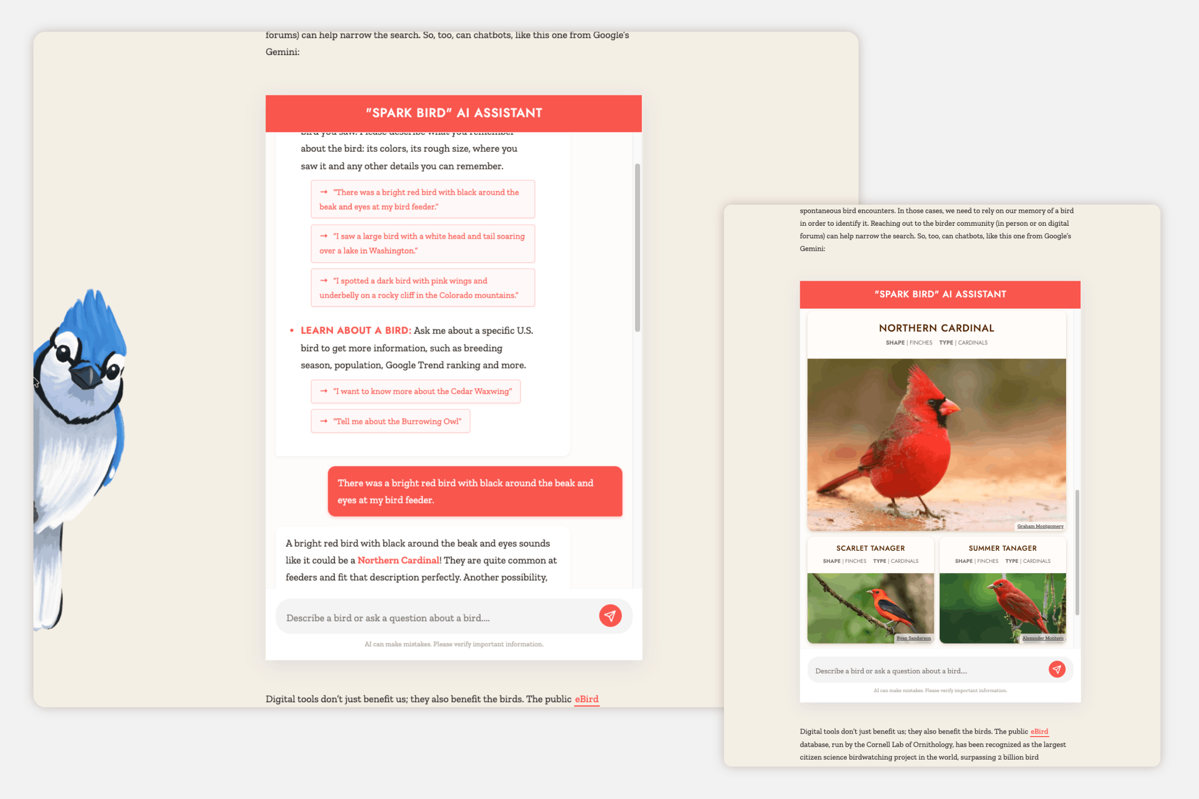 A screenshot of the 'Spark Bird' AI Assistant that helps you identify birds